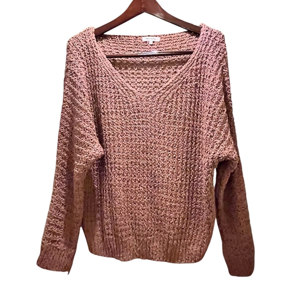 Miracle USA Mauve Textured Knit Sweater V-Neck Pullover‎ Long Sleeve Size S/M